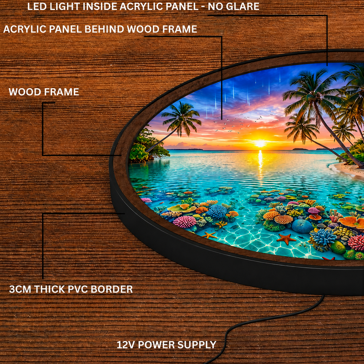 Handmade LED Tropical Beach Wall Art - Wooden Frame Acrylic Lamp Decor LED012