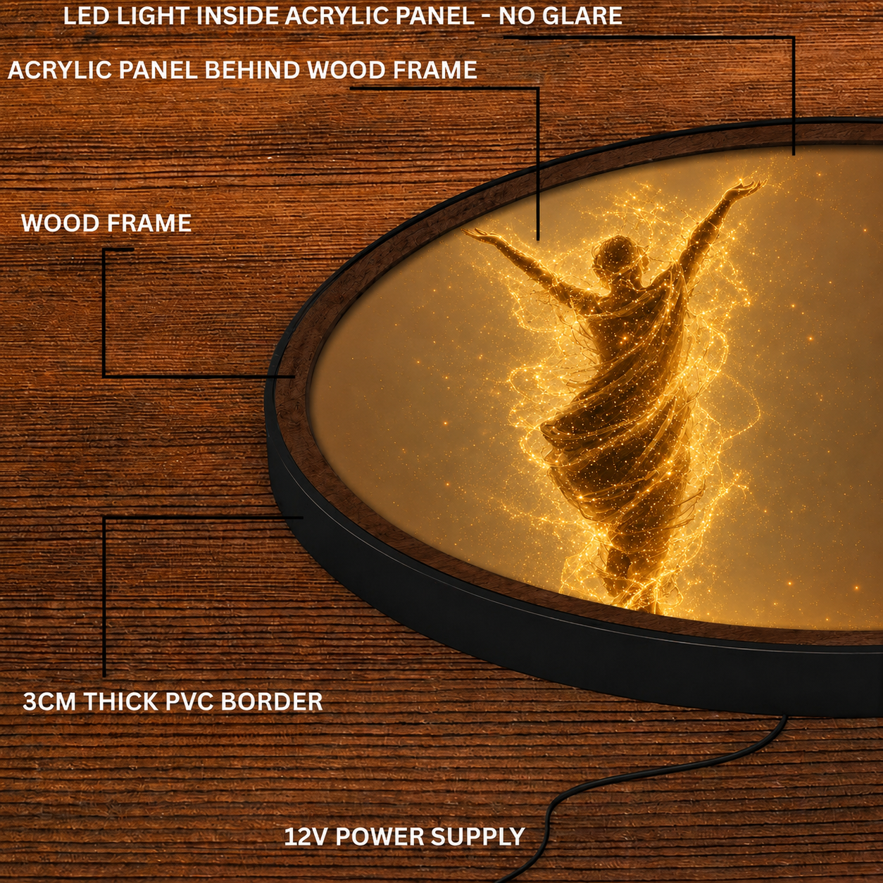Handmade LED Glowing Spirit Wall Art - Wooden Frame Acrylic Lamp Decor LED026