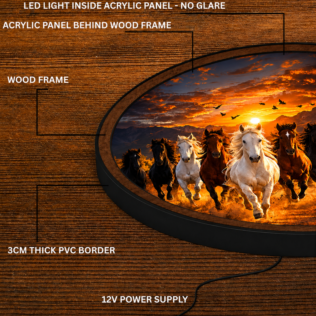 Handmade LED Running Horses Wall Art - Sunset Wooden Frame Acrylic Lamp Decor LED017