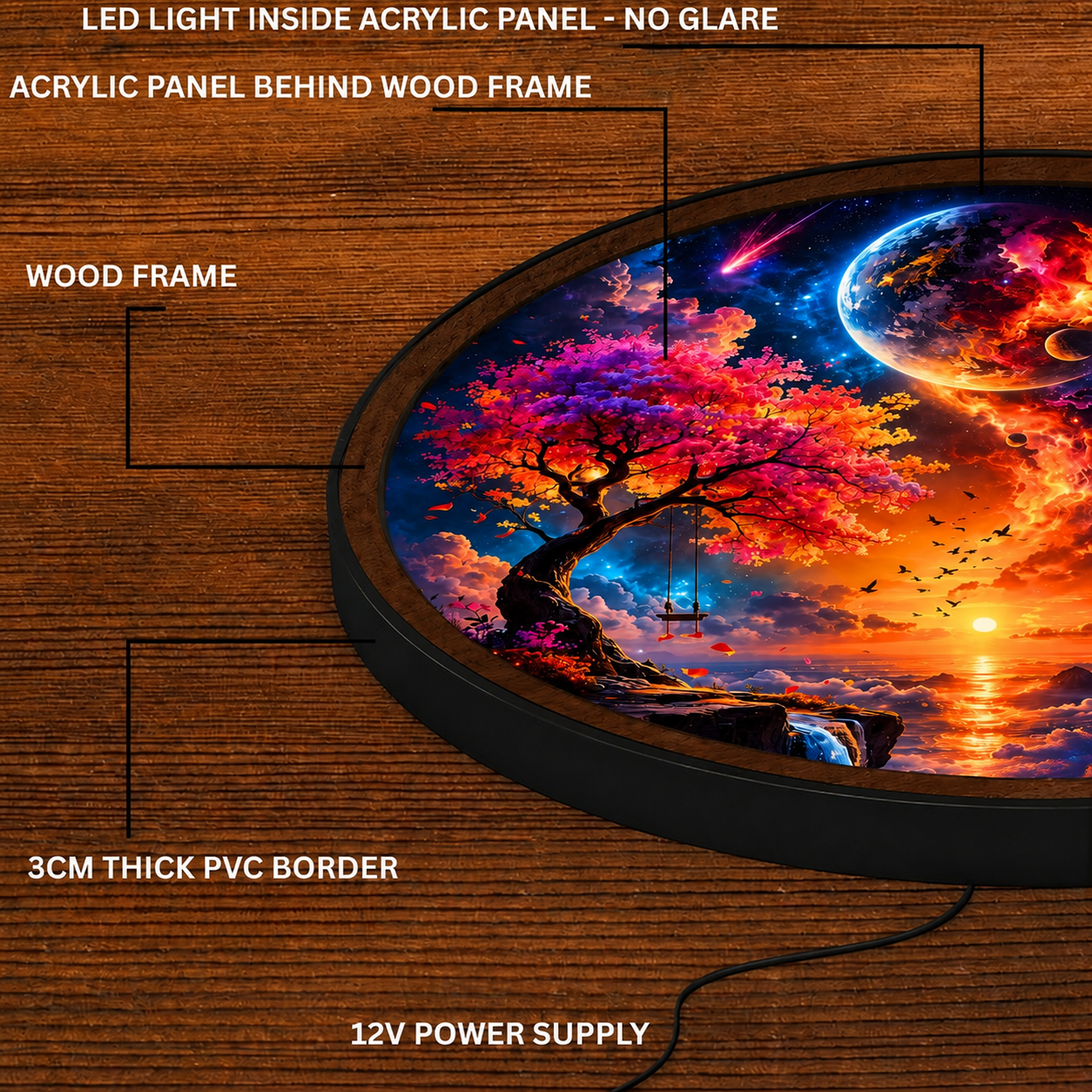 Handmade LED Fantasy Tree Wall Art - Wooden Frame Acrylic Lamp Decor LED002